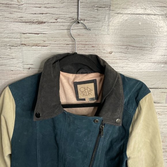 CHASER cream blue suede biker moto jacket size large - Picture 12 of 13